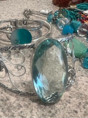 Wowza!!! 🩵 Filigree Cuff Bracelet with Beautiful extra large Aqua Blue Crystal